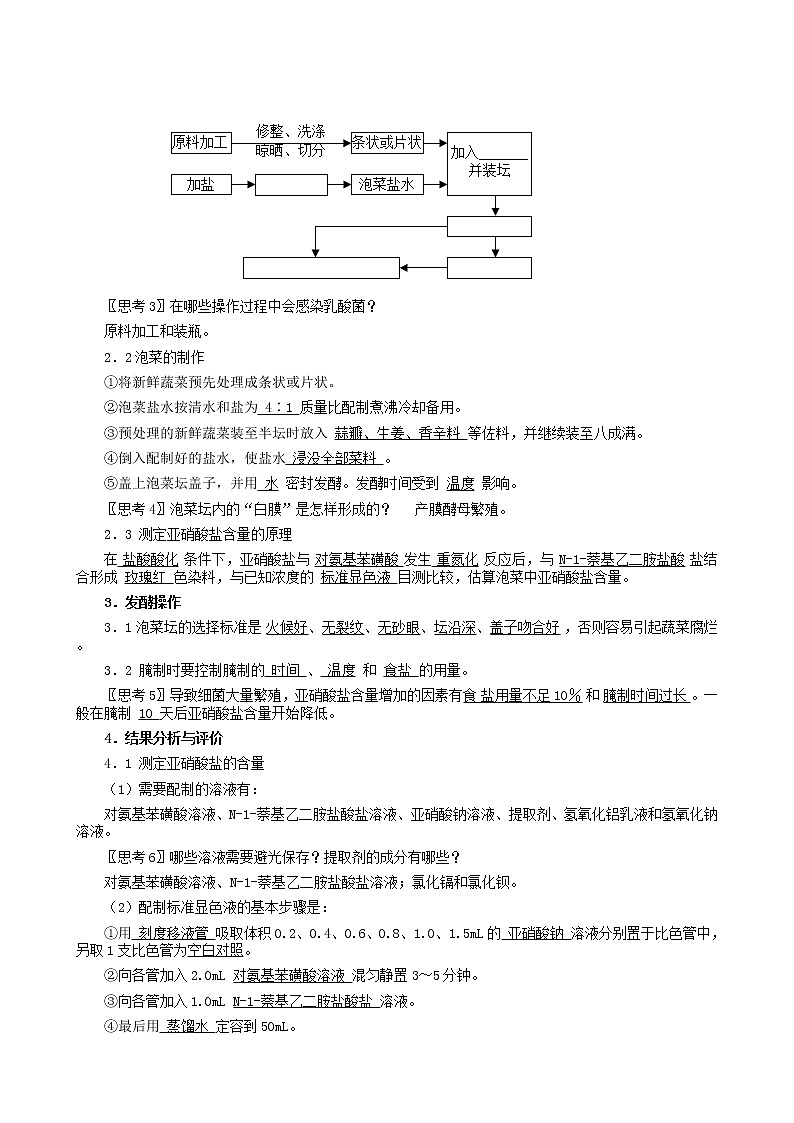 高中生物 1.3制作泡菜并检验亚硝酸盐含量教案 新人教版选修102