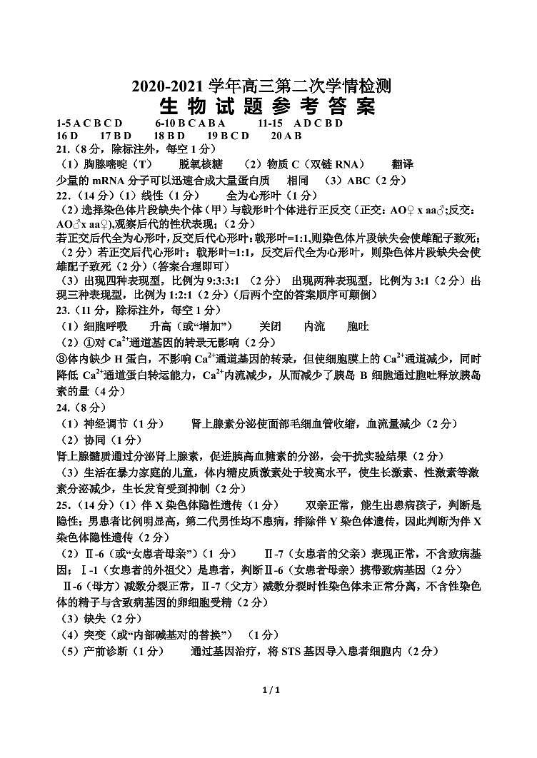 山东省济南市2021届高三上学期期中考试 生物(含答案)01