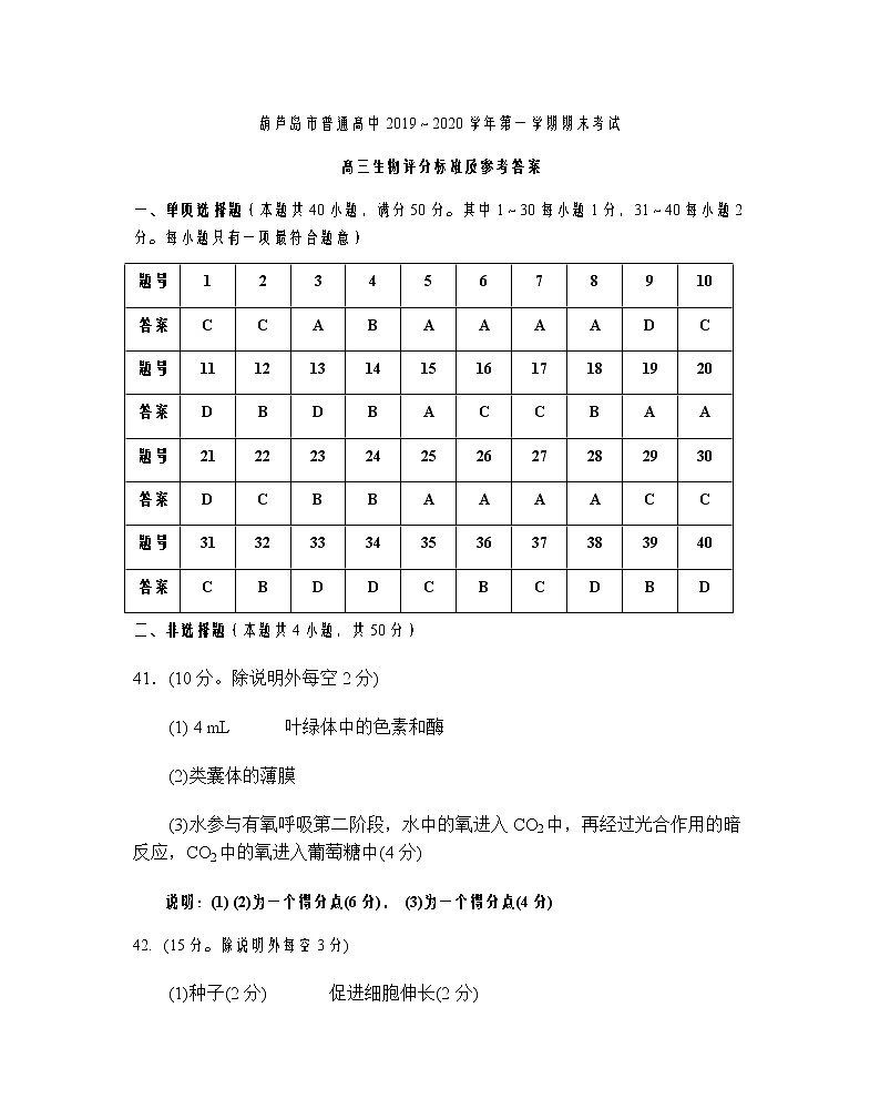 2019-2020辽宁葫芦岛市高三生物上学期期末试卷（下载版）01
