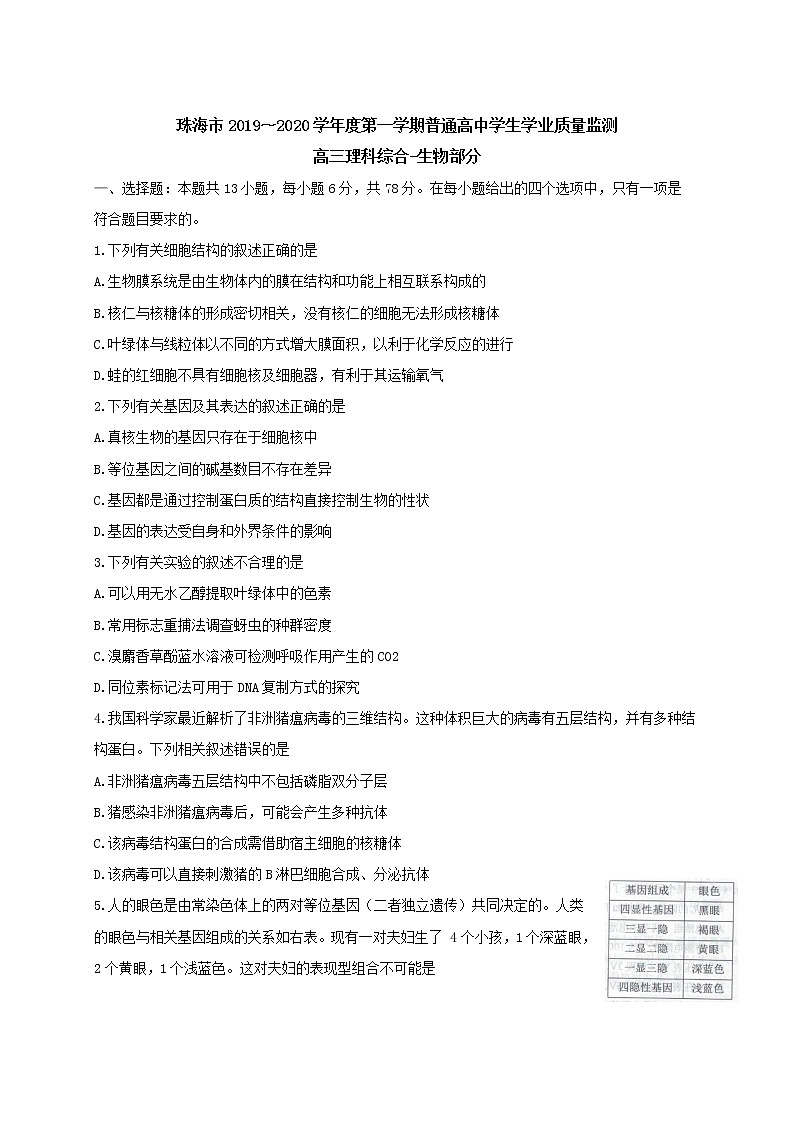 2019-2020广东省珠海市高三生物上学期期末试卷（下载版）第1页