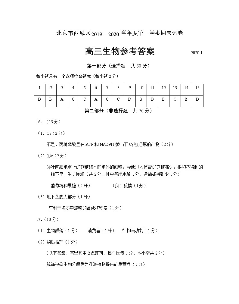 2019-2020北京市西城区高三生物上学期期末试卷（下载版）01