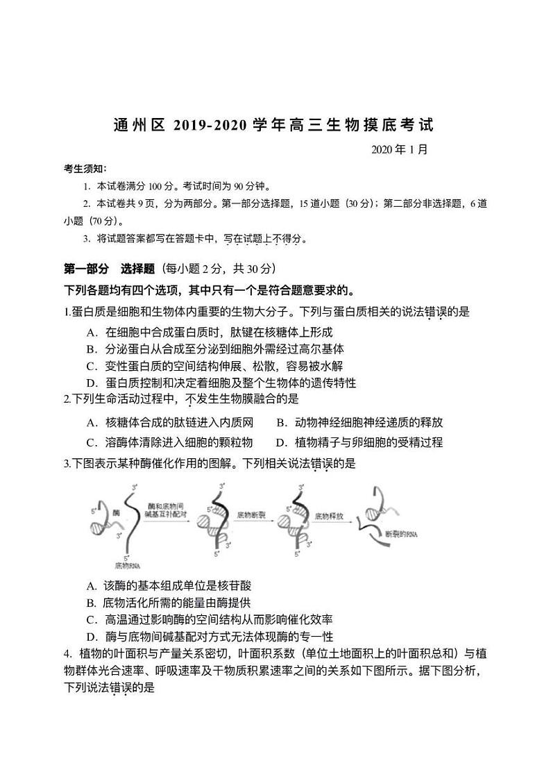 2019-2020北京市通州区高三生物上学期期末试卷（下载版）01