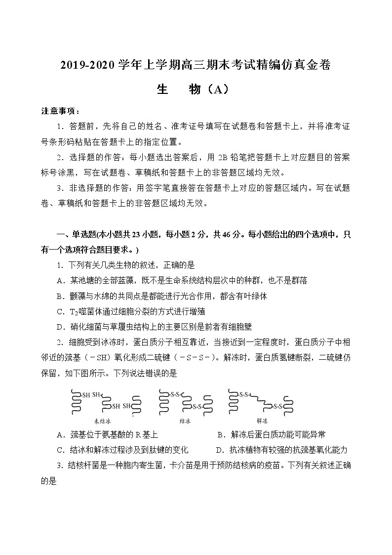 2019-2020湖北名师联盟高三生物上学期期末试卷A（下载版）01