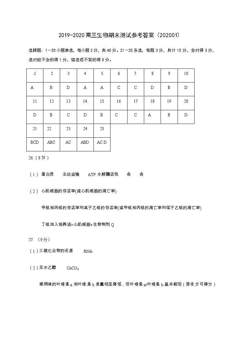 2019-2020江苏省扬州市高三生物上学期期末试卷（下载版）01