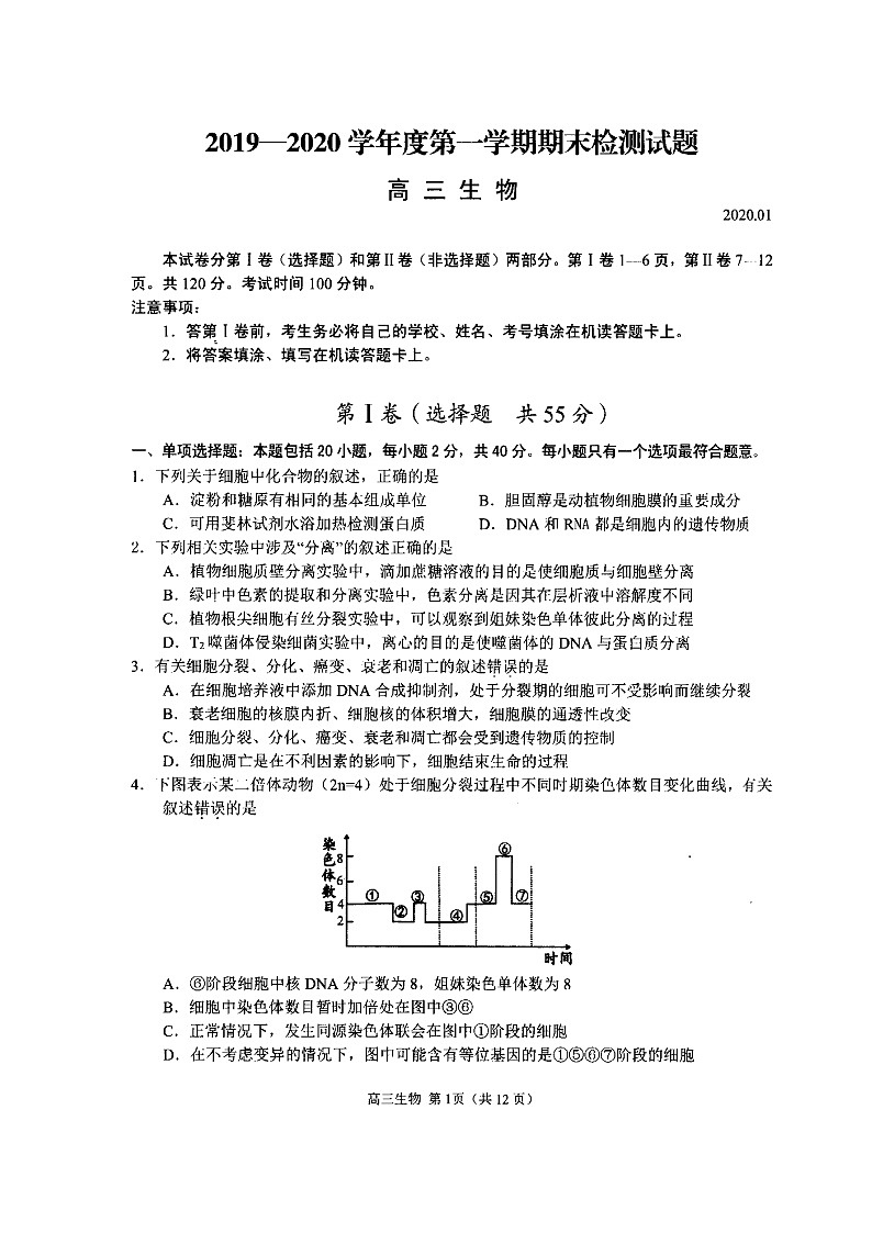 2019-2020江苏省扬州市高三生物上学期期末试卷（下载版）01