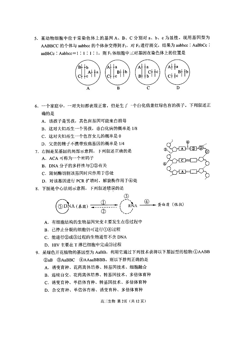 2019-2020江苏省扬州市高三生物上学期期末试卷（下载版）02