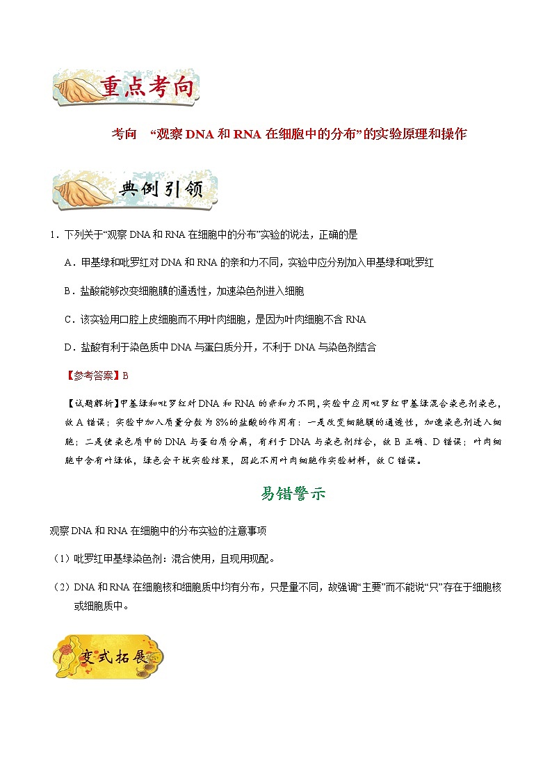 考点06  观察DNA和RNA在细胞中的分布-备战2021年高考生物一轮复习考点一遍过 学案02