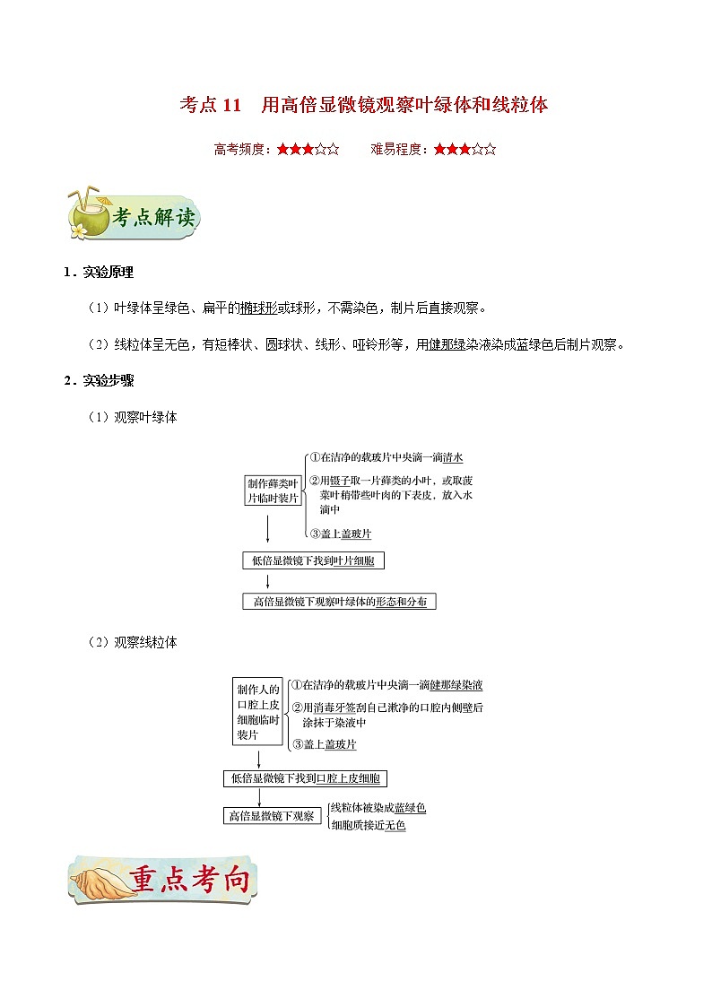 考点11  用高倍显微镜观察叶绿体和线粒体-备战2021年高考生物一轮复习考点一遍过第1页
