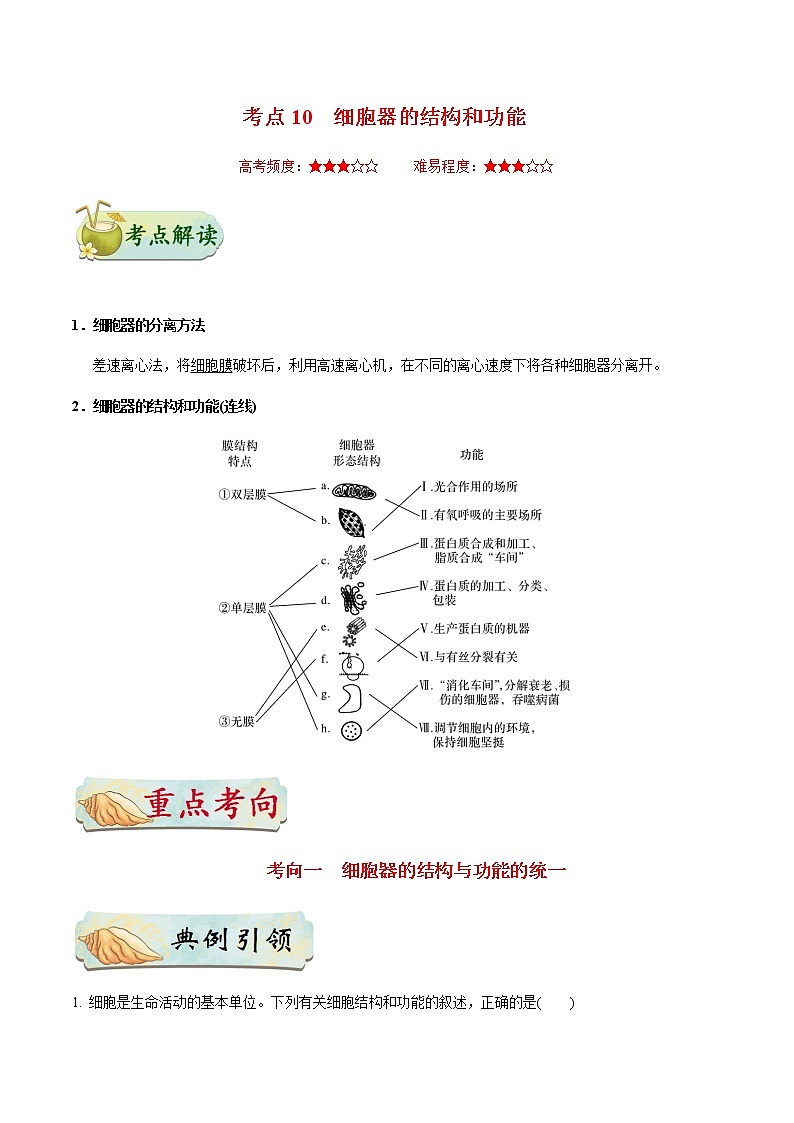 考点10 细胞器的结构和功能-备战2021年高考生物一轮复习考点一遍过 学案01