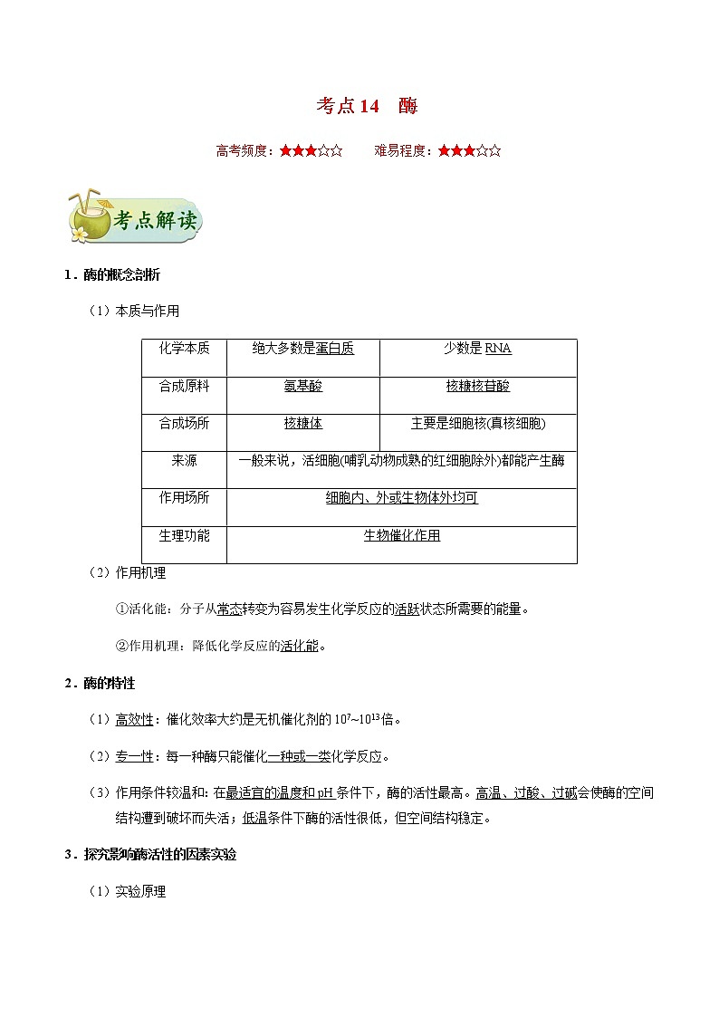考点14  酶-备战2021年高考生物一轮复习考点一遍过 学案01