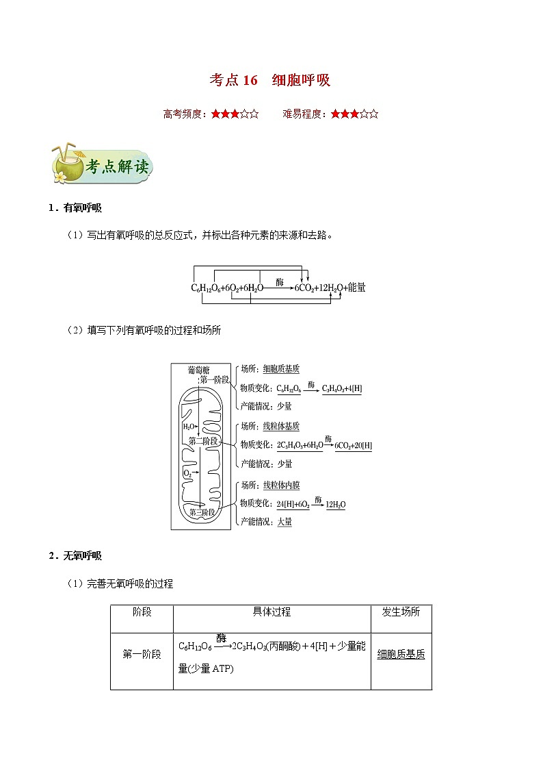 考点16  细胞呼吸-备战2021年高考生物一轮复习考点一遍过 学案01