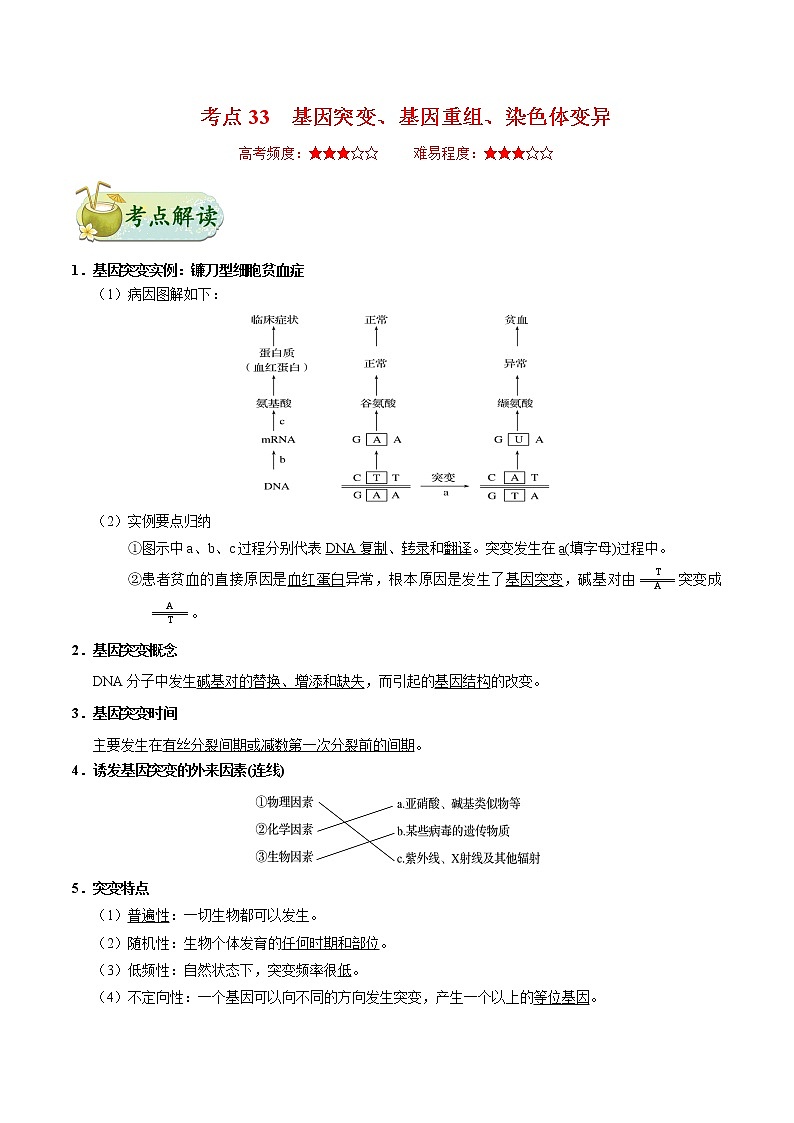 考点33  基因突变、基因重组、染色体变异-备战2021年高考生物一轮复习考点一遍过 学案01