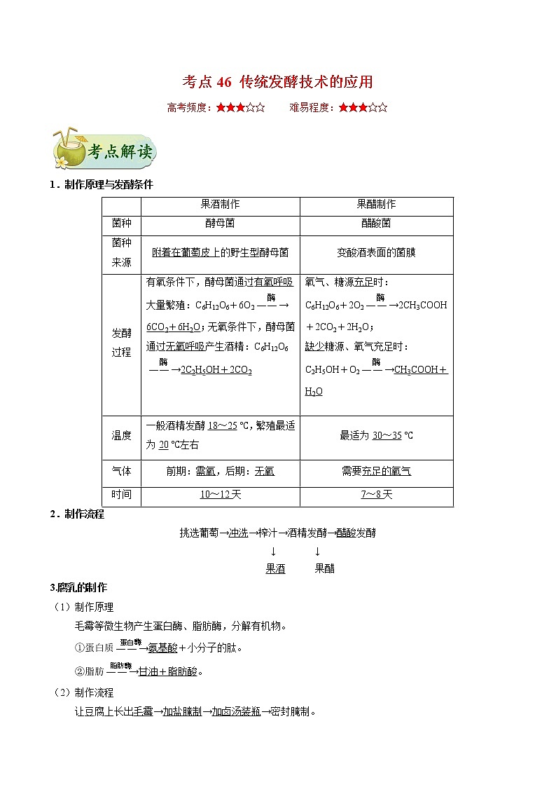 考点46 传统发酵技术的应用-备战2021年高考生物一轮复习考点一遍过第1页