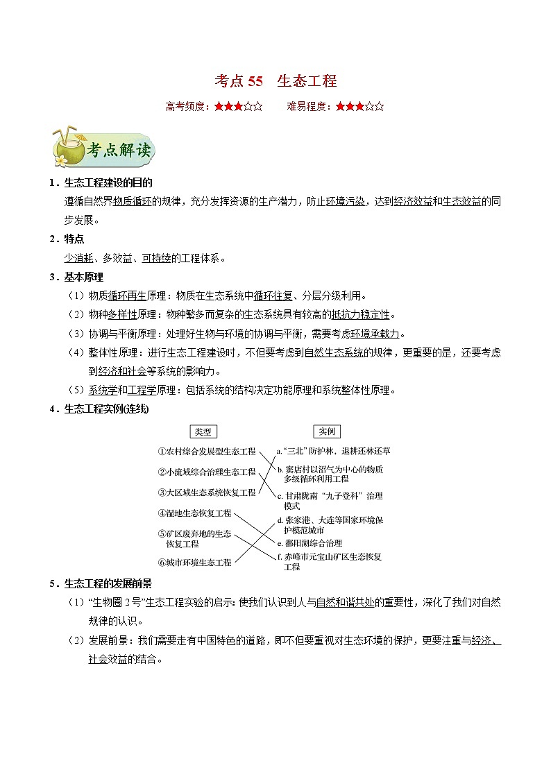 考点55 生态工程-备战2021年高考生物一轮复习考点一遍过 学案01