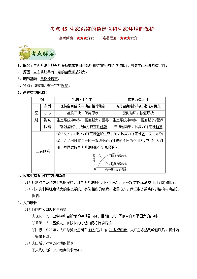 考点45 生态系统的稳定性和生态环境的保护-备战2021年高考生物一轮复习考点一遍过第1页