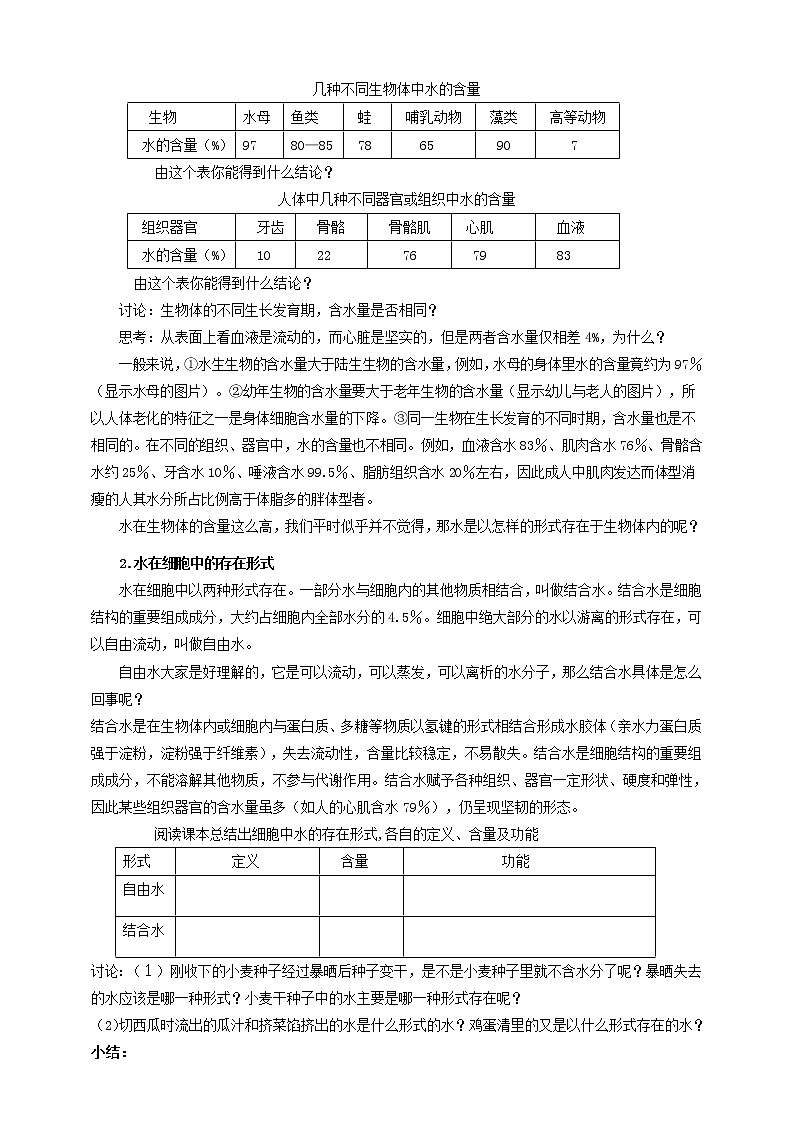 人教版生物必修一2.5《细胞中的无机物》PPT课件+教学设计+同步练习02