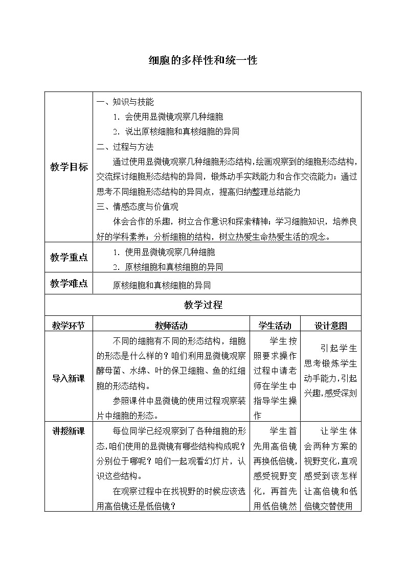 (教案)细胞的多样性和统一性01