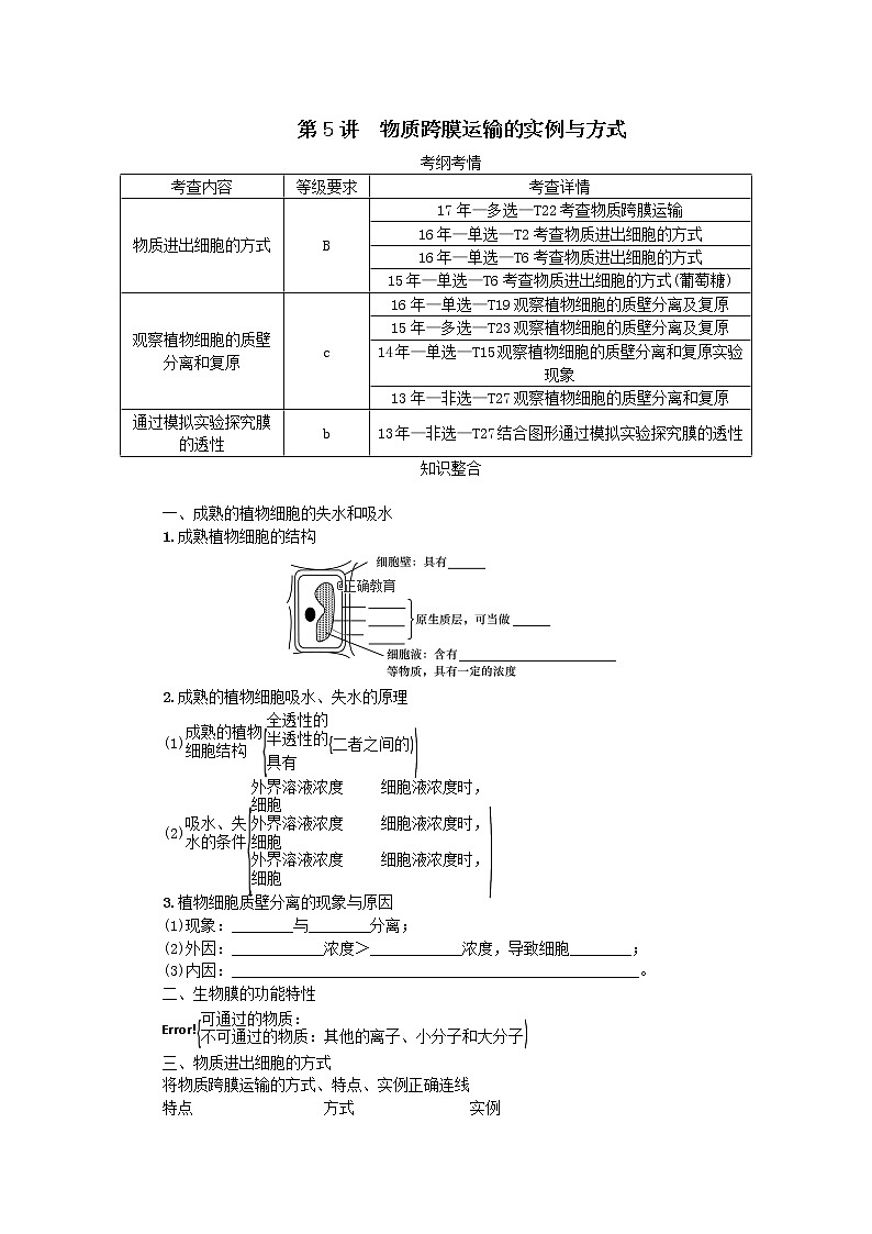 高考生物一轮总复习学案：第2单元 细胞的基本结构 第5讲 物质跨膜运输的实例与方式01