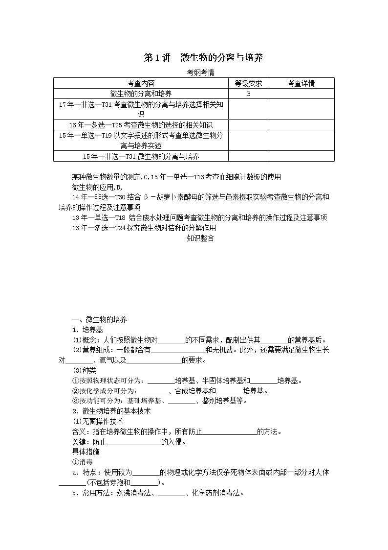 高考生物一轮总复习学案：第12单元 生物技术实践 第1讲 微生物的分离与培养01