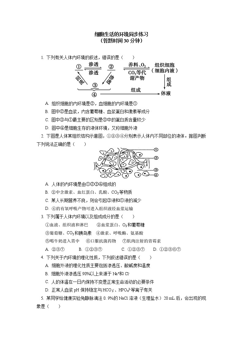 选择性必修1 第1章 人体的内环境与稳态 第一节同步练习01