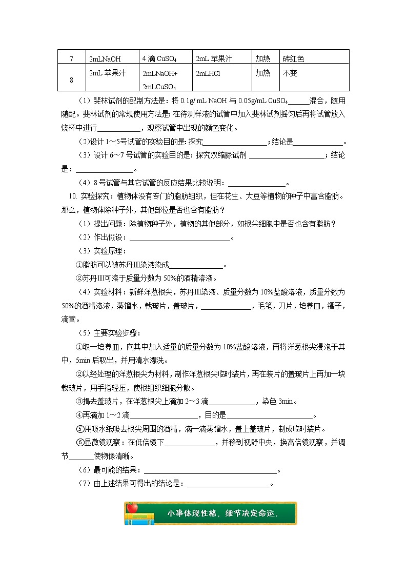 2020-2021学年高一上学期生物人教版（2019）必修一检测生物组织中的糖类、脂肪和蛋白质同步练习03