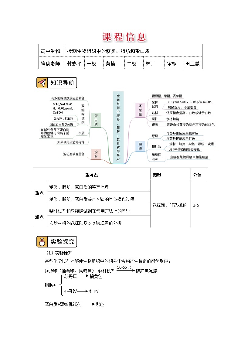 2020-2021学年高一上学期生物人教版（2019）必修一检测生物组织中的糖类、脂肪和蛋白质 学案01