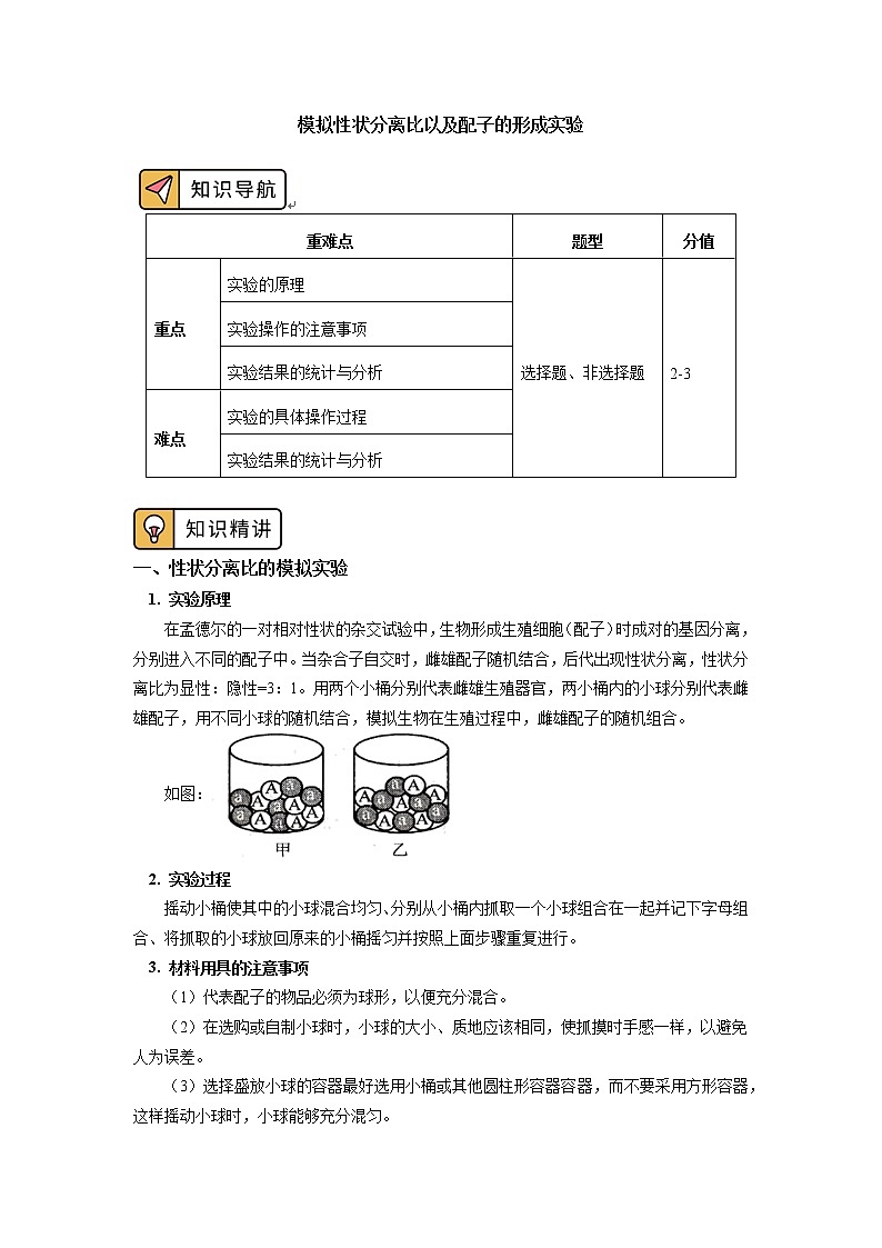 2020-2021学年高一上学期生物人教版（2019）必修二 模拟性状分离比以及配子的形成实验 学案01