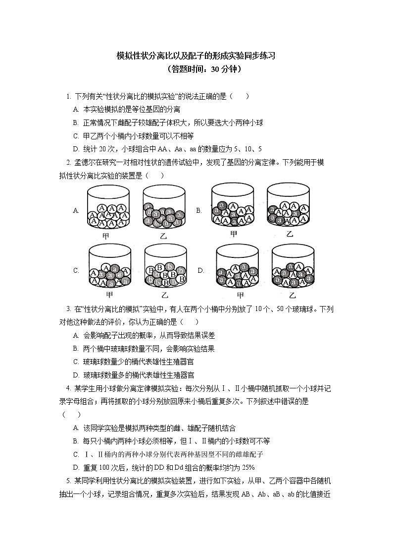 2020-2021学年高一上学期生物人教版（2019）必修二 模拟性状分离比以及配子的形成实验同步练习（含答案）01