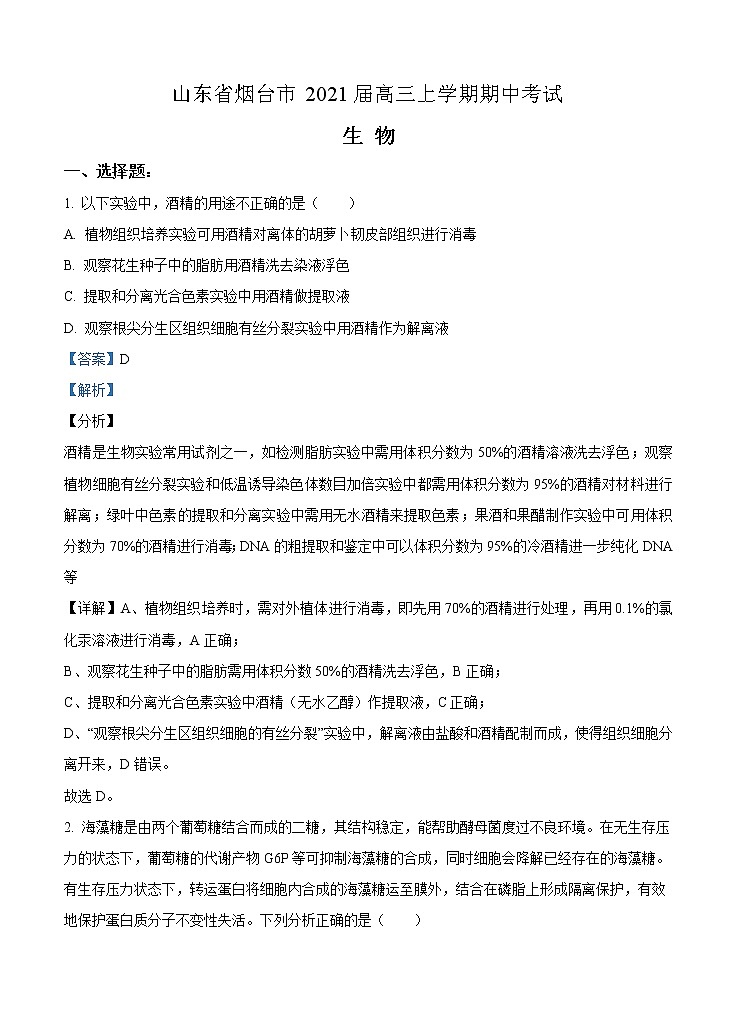 山东省烟台市2021届高三上学期期中考试 生物 (含答案)01