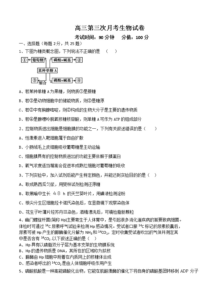 安徽省六安中学2021届高三上学期第三次月考 生物 (含答案) 试卷01