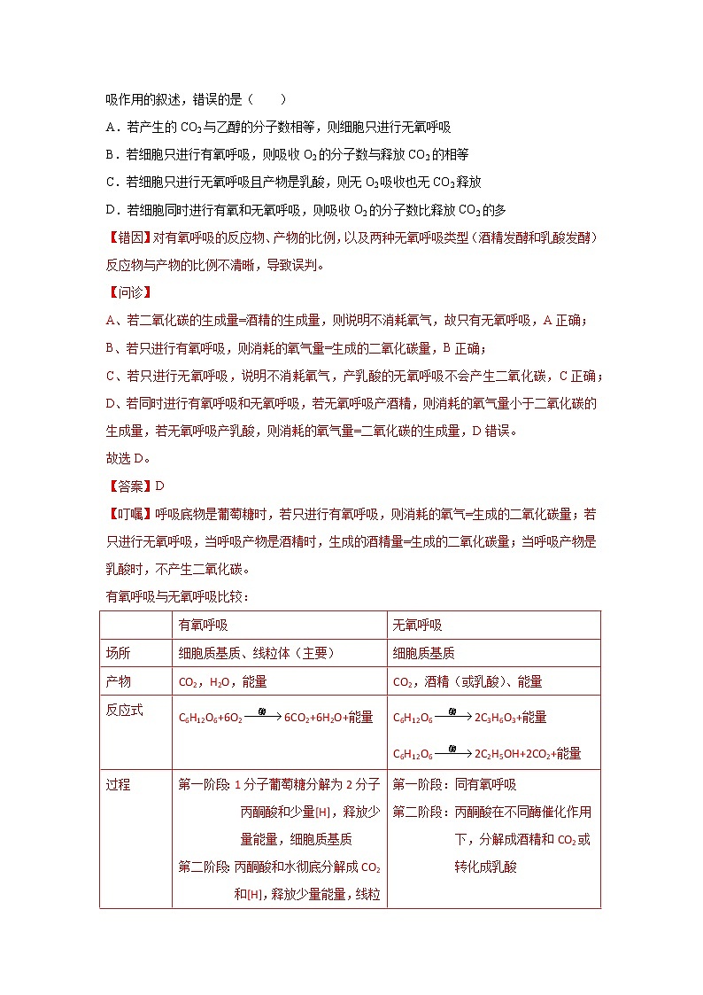 备战2021年高考生物一轮复习 易错点03 细胞的代谢2（光合与呼吸） 试卷03