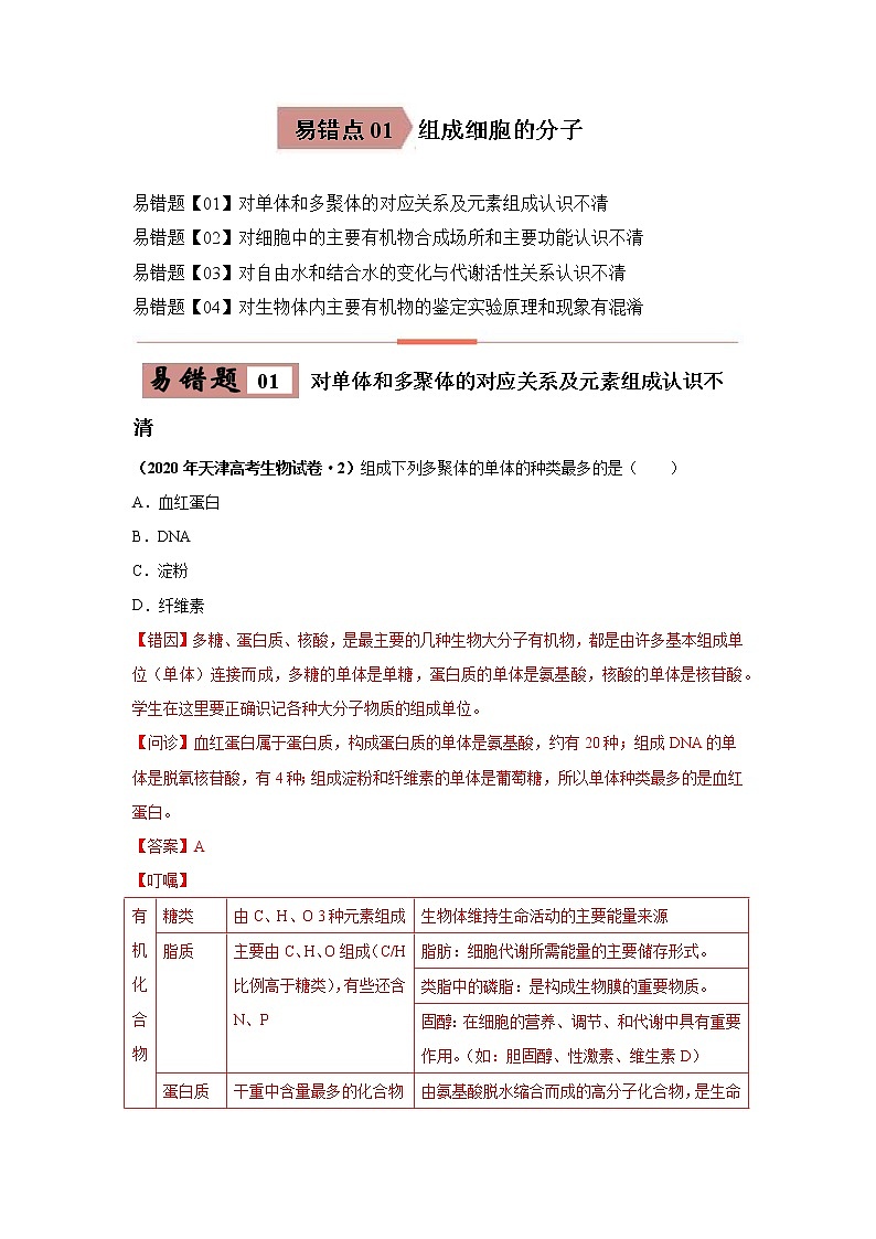 备战2021年高考生物一轮复习 易错点01  组成细胞的分子 试卷01