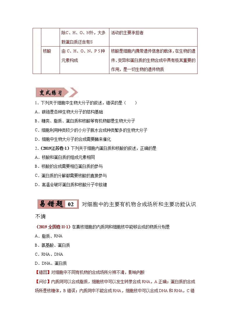 备战2021年高考生物一轮复习 易错点01  组成细胞的分子 试卷02