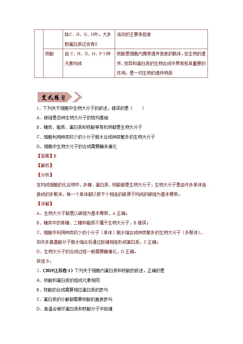 备战2021年高考生物一轮复习 易错点01  组成细胞的分子 试卷02