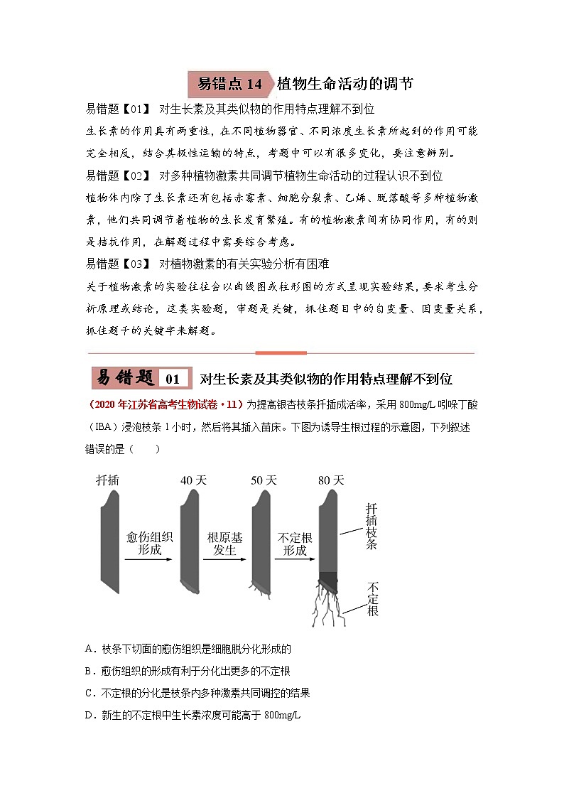 备战2021年高考生物一轮复习 易错点14 植物生命活动的调节 试卷01