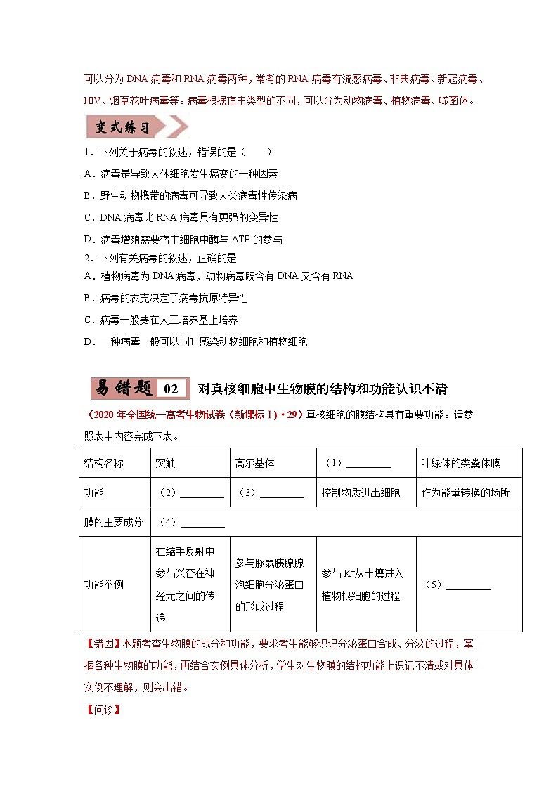 备战2021年高考生物一轮复习 易错点02 细胞的结构和功能 试卷02