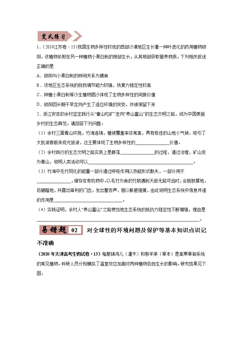 备战2021年高考生物一轮复习 易错点17 生态系统的稳定性和保护 试卷02