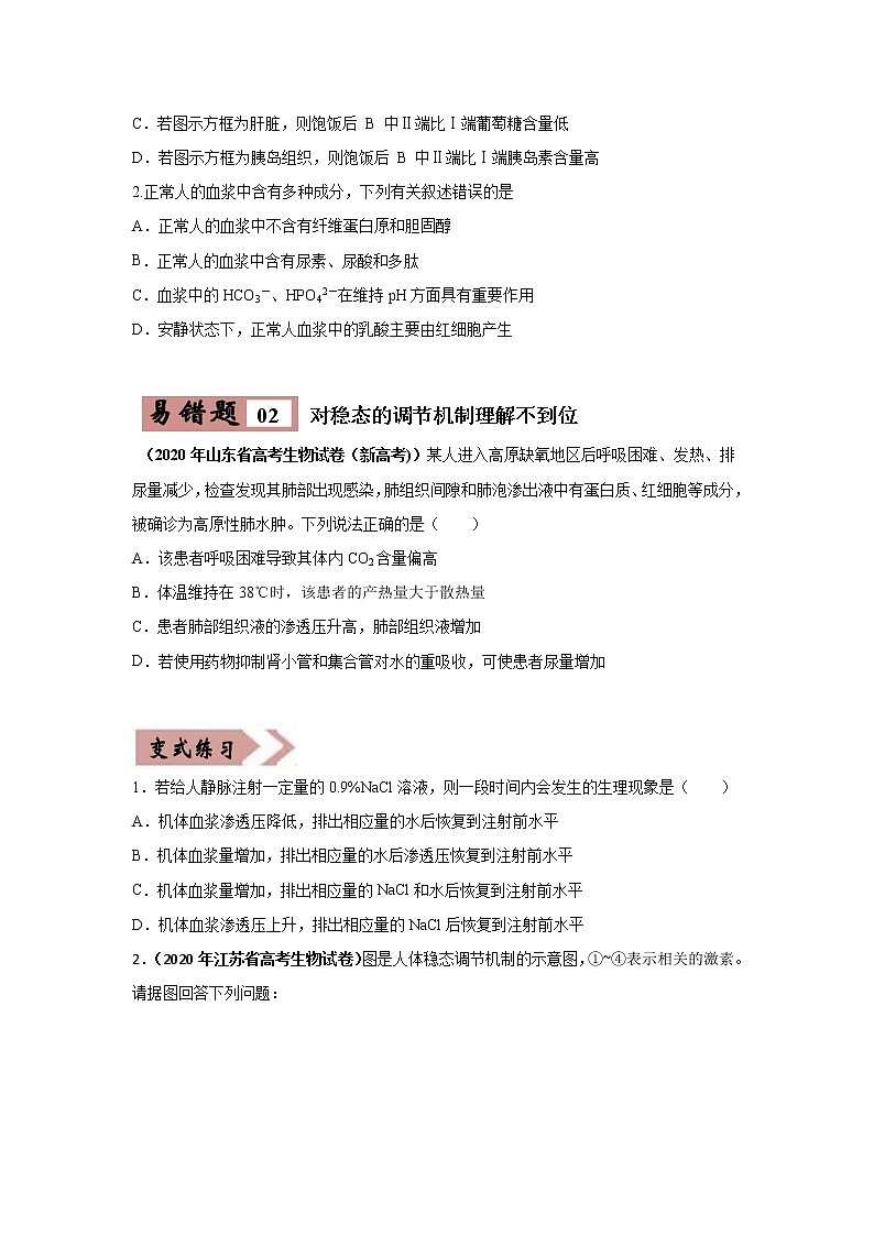 备战2021年高考生物一轮复习 易错点10 细胞生活的环境和稳态 试卷02