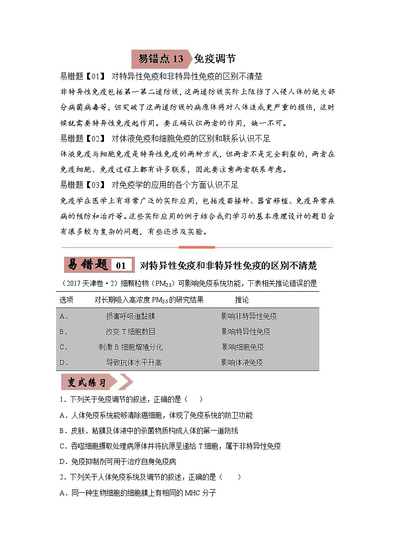备战2021年高考生物一轮复习 易错点13 免疫调节 试卷01
