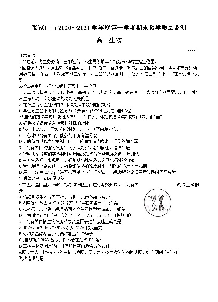 河北省张家口市2021届高三上学期期末考试 生物 (含答案)第1页