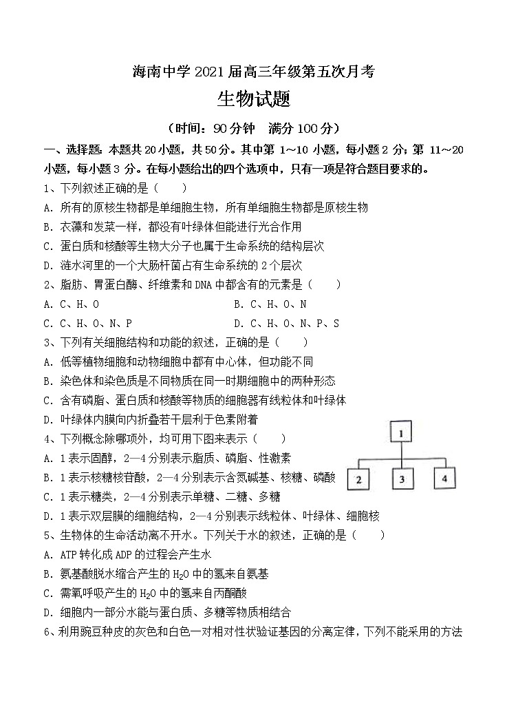 海南省海南中学2021届高三第五次月考 生物 (含答案) 试卷01