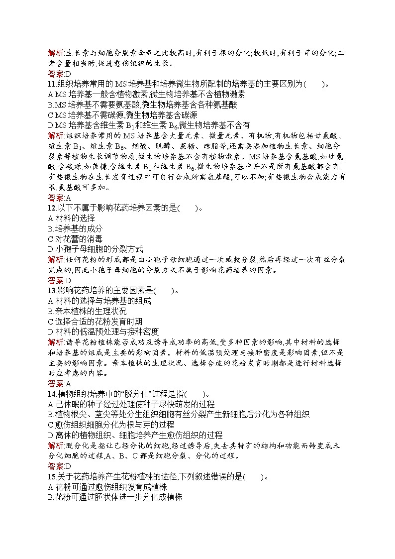 生物人教版选修1练习：专题3　植物的组织培养技术 过关检测 Word版含解析第3页