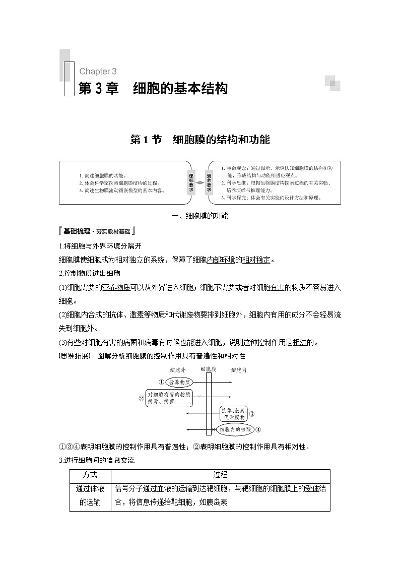 高中生物人教版（2019）必修第一册  第3章 第1节　细胞膜的结构和功能教案01