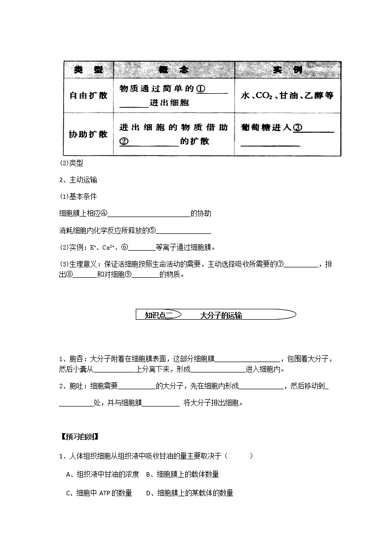 人教版高中生物必修1学案：4.3 物质跨膜运输的方式 Word版含答案02
