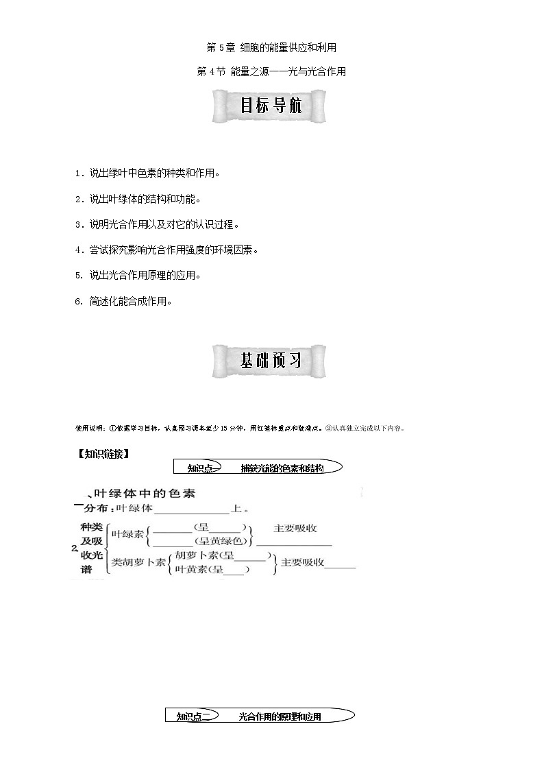人教版高中生物必修1学案：5.4 能量之源——光与光合作用 Word版含答案01