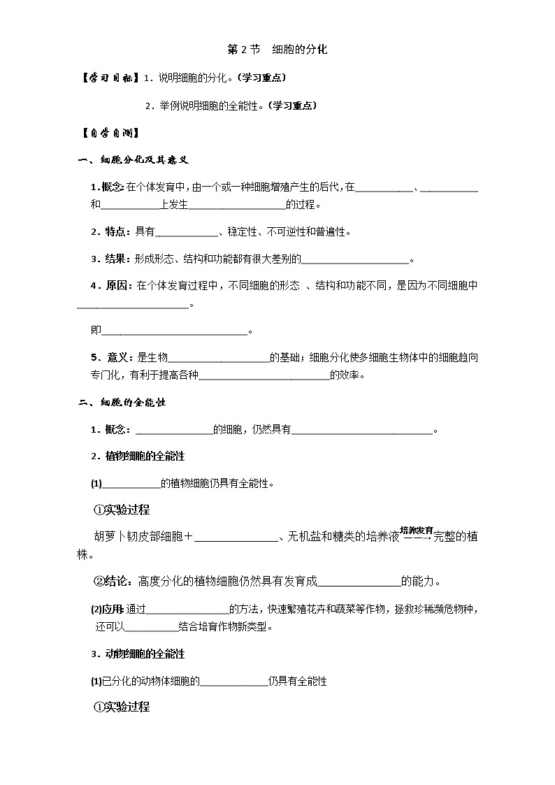 人教版高中生物必修1学案：6.2细胞的分化 Word版含答案01