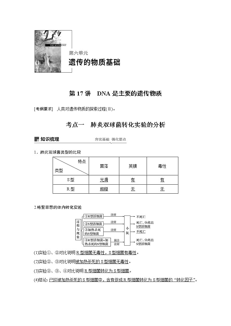 2020版高考生物大一轮人教讲义：第六单元 第17讲 DNA是主要的遗传物质第1页