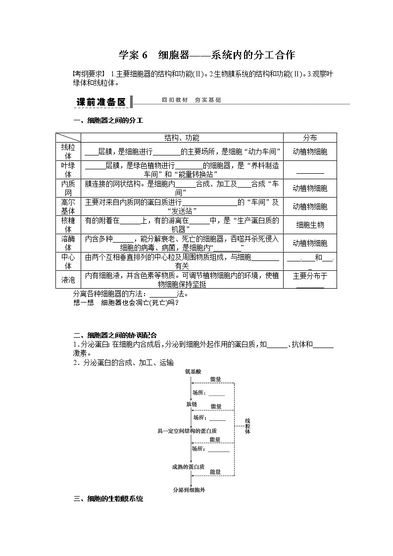 高考生物大一轮复习学案+作业第二单元  学案6　细胞器——系统内的分工合作第1页