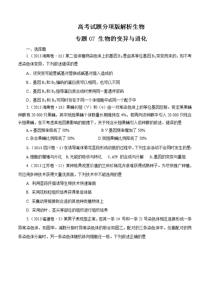 高考试题分项版解析生物 专题07 生物的变异与进化（原卷版）第1页