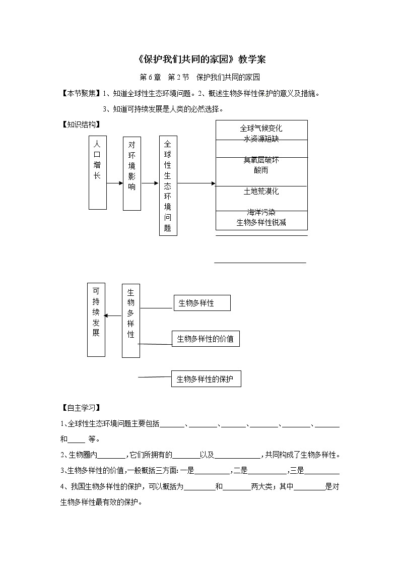 人教版高中生物必修3 6.2《保护我们共同的家园》 学案01